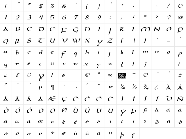 Darwycke Regular  glyph index