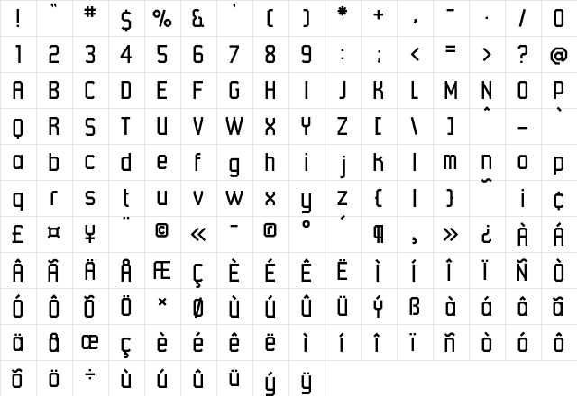 45degrees Regular  glyph index