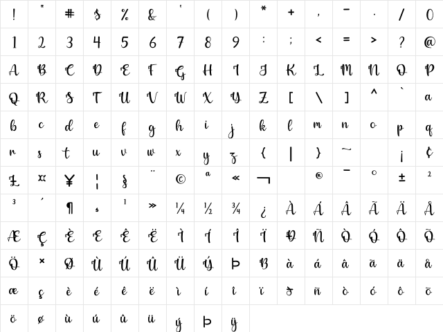 Winter Regular  glyph index
