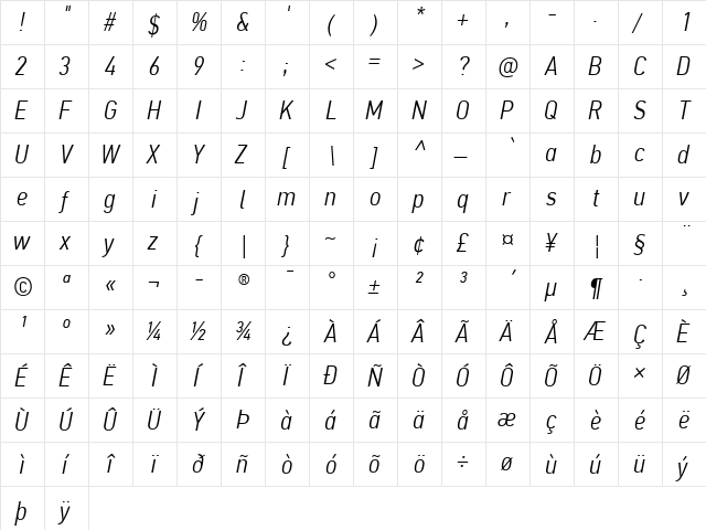 PF Din Text Cond Pro Light Italic  glyph index