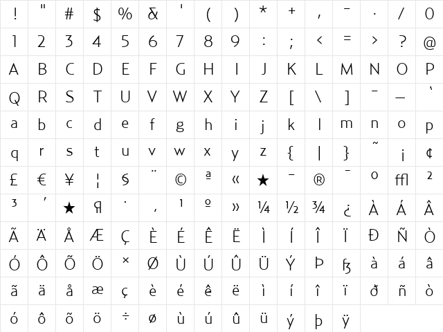 Relay-Light Regular  glyph index