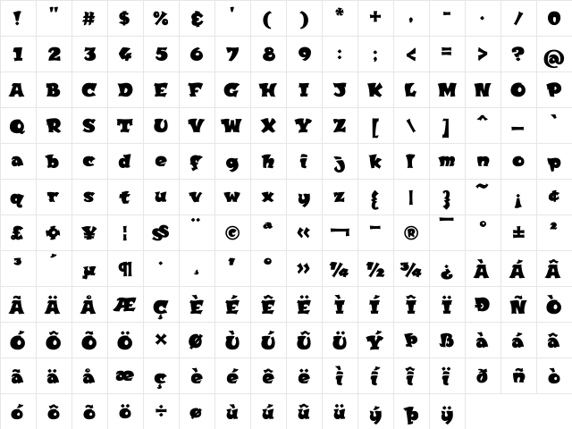 WILD2 Klash Bold  glyph index