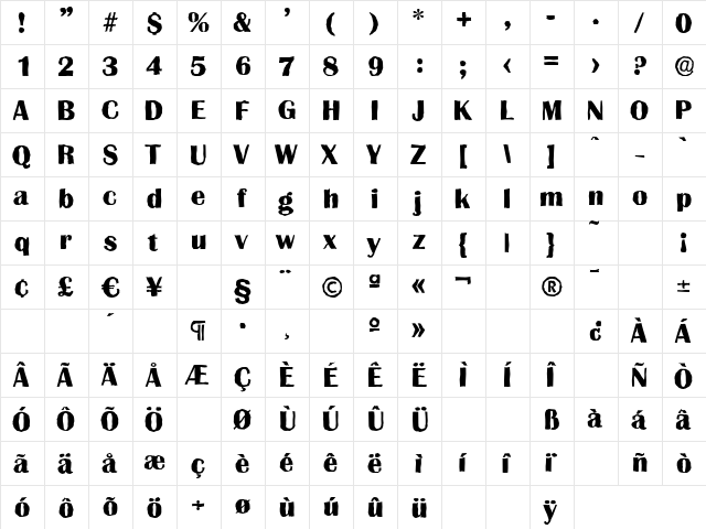 GrenobleAntique-Xbold Regular  glyph index