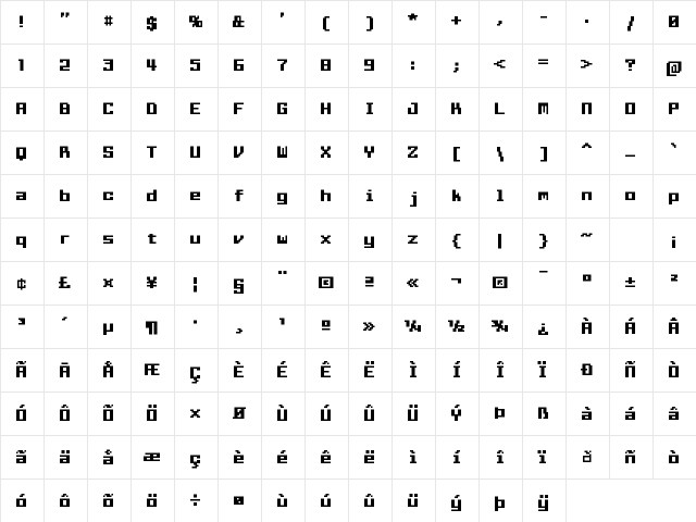 Squarewave Bold  glyph index