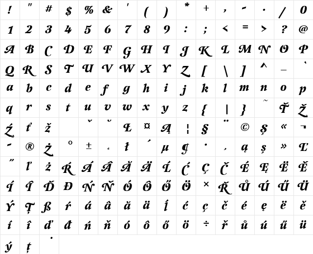 LatienneSwaTEE Bold Italic  glyph index