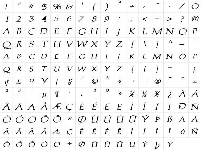 Trajans-Caps-Extended Bold Italic  glyph index