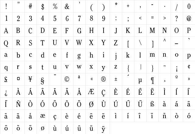 Bethany-Condensed Regular  glyph index