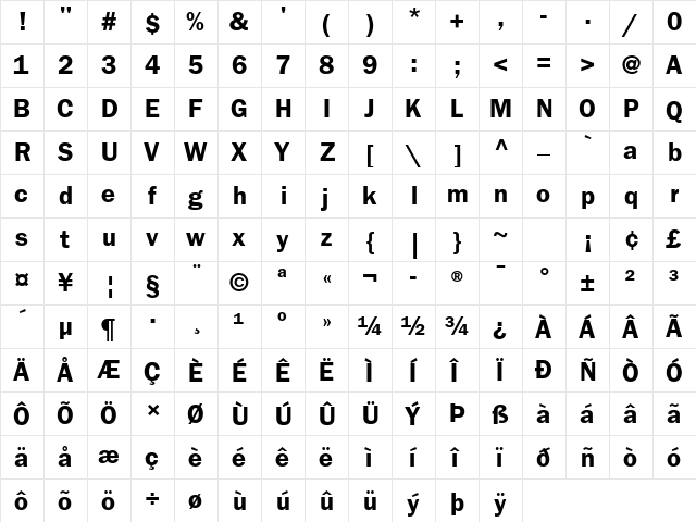 ITC Franklin Gothic LT Com Demi  glyph index