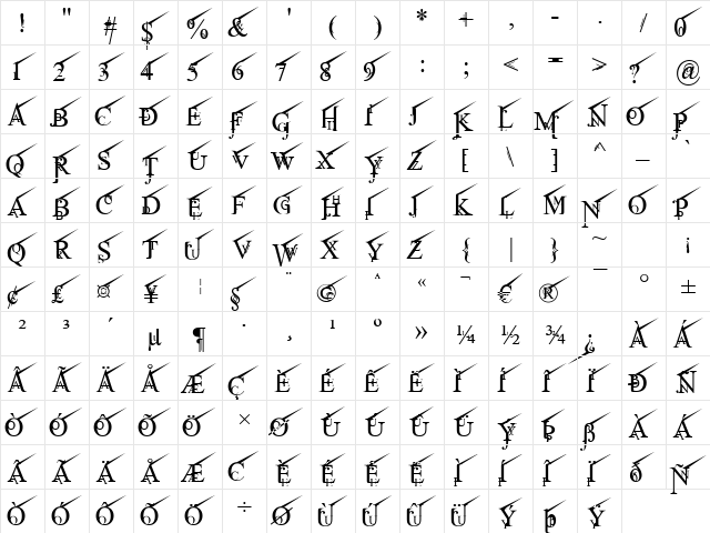 Jean Splice UpRite Regular  glyph index