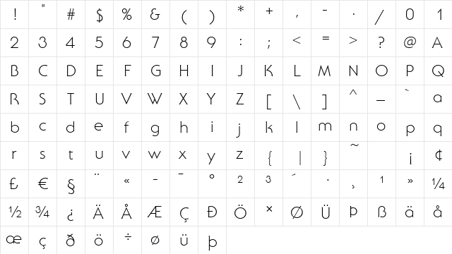 Sebastian-Light Regular  glyph index