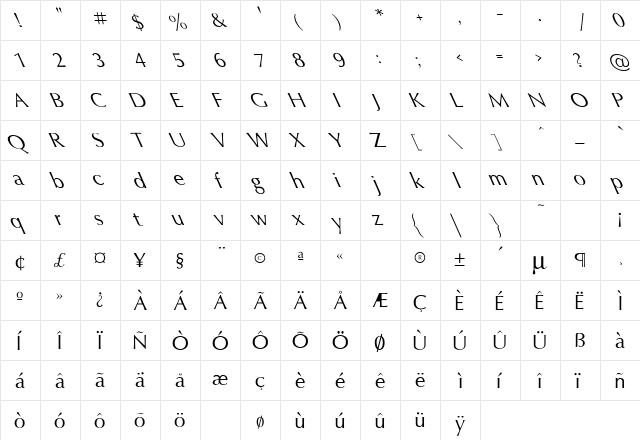 Oxford In The Left Regular  glyph index