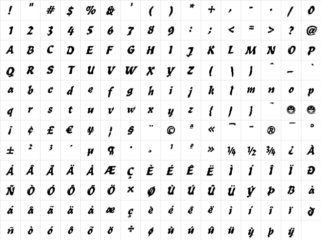 WILD1 Toxia Bold Italic  glyph index