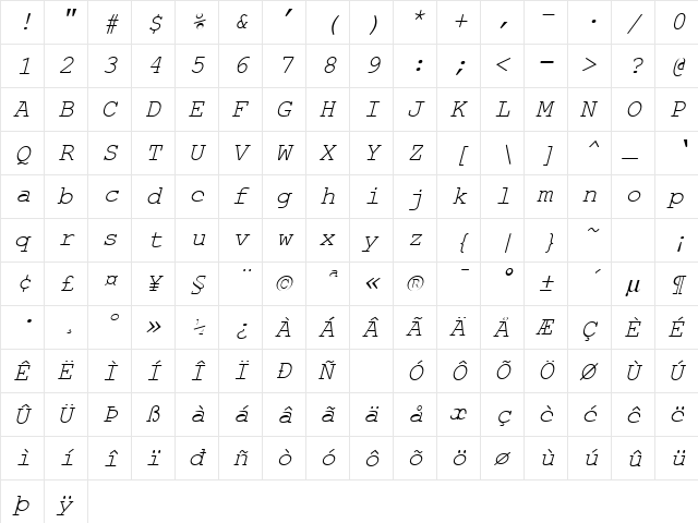 CobbItalic Normal  glyph index