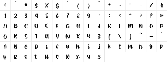 Romantic Crafty Regular  glyph index