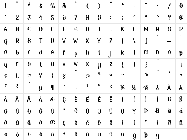 Chopstick Regular  glyph index