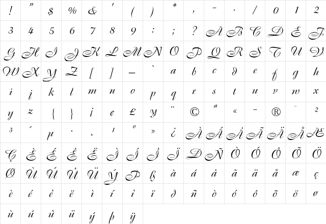 Boulevard Regular  glyph index