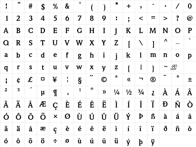 Quintessence SSi Bold  glyph index