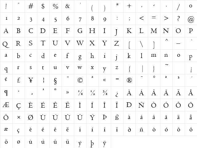Jenson Classico Regular  glyph index