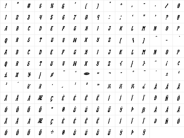 Black Gunk Staggered Italic Italic  glyph index