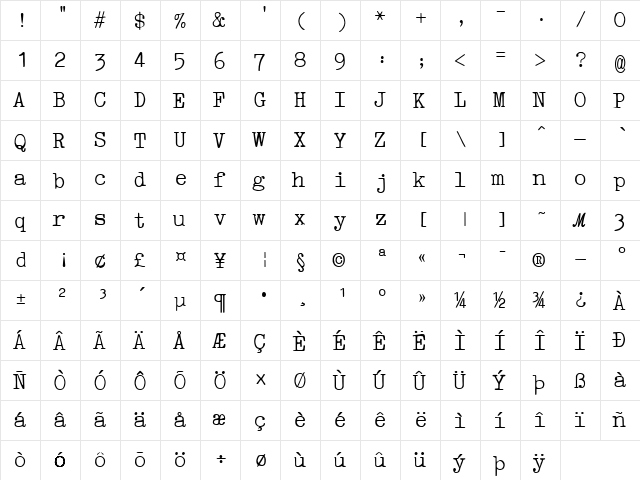 Pica Becker Normal  glyph index