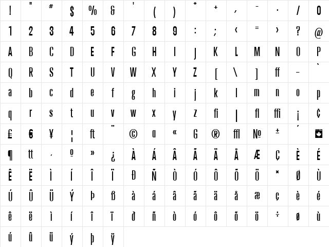 Trump Gothic East Medium Regular  glyph index