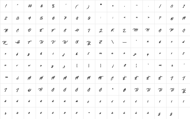 Sabre du Rhinoceros Italic  glyph index