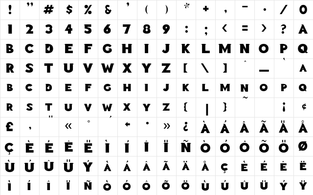 Swanville Regular  glyph index