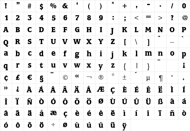 M650-Roman Bold  glyph index