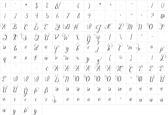 Janda Celebration Script Regular  glyph index