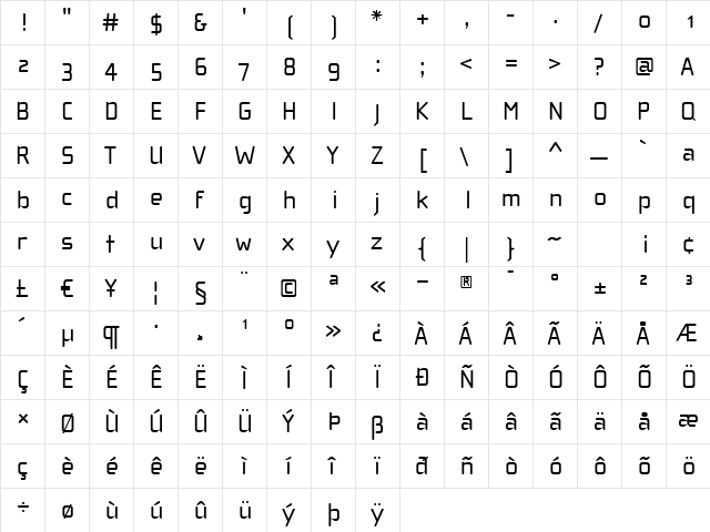 ChollaWideOldStyle Regular  glyph index