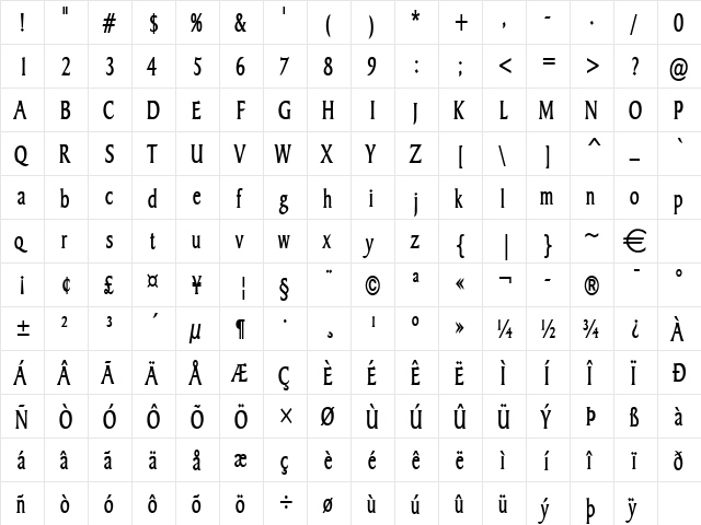 BarrettThin Bold  glyph index