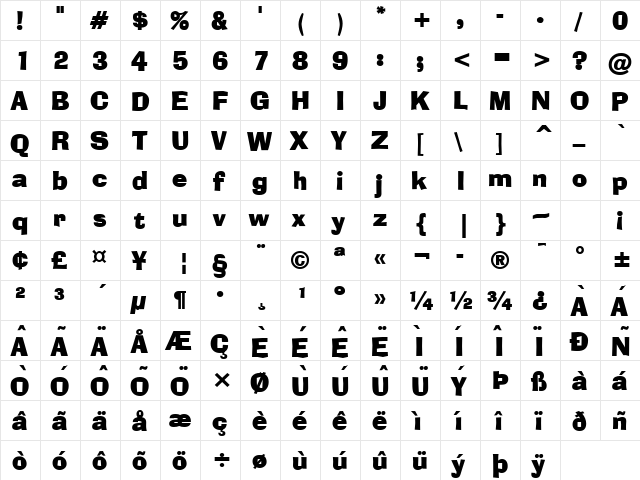 Cartoonist Bold  glyph index