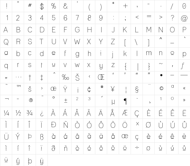 Lane - Upper Regular  glyph index