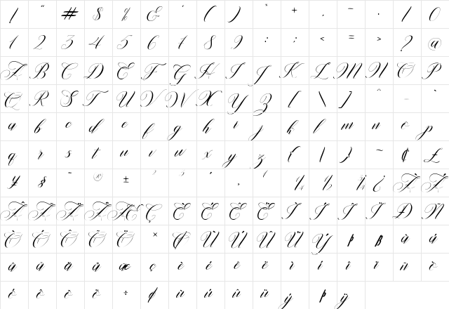 Willgets Regular  glyph index