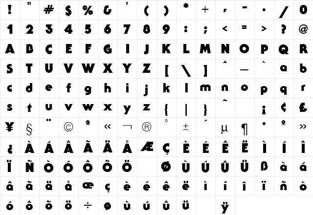 Serif Gothic Black Regular  glyph index