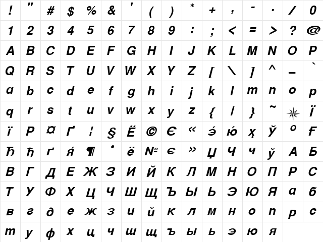 CyrillicHelvet BoldItalic  glyph index