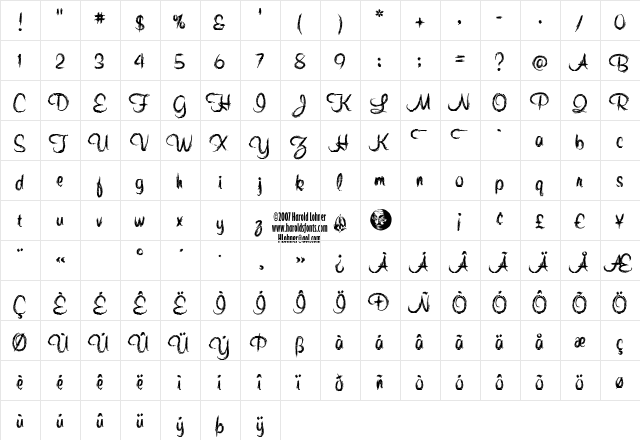 Quince Regular  glyph index