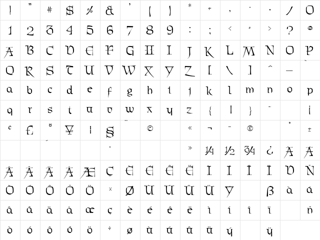 Antigone Regular  glyph index