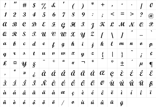 OPTIScript Regular  glyph index
