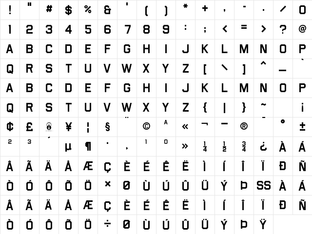 Airborne Regular  glyph index