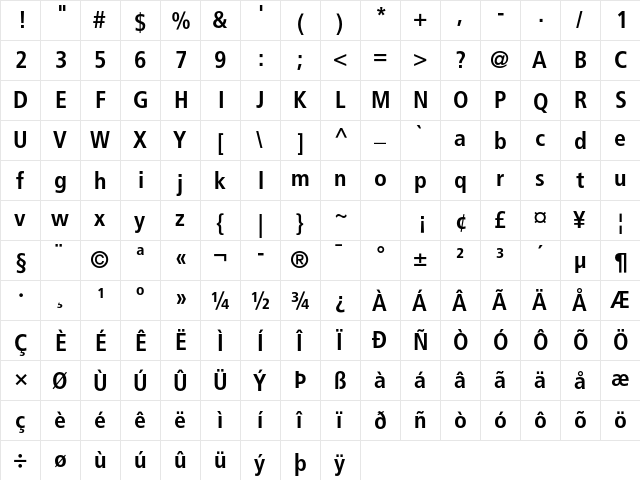 Frutiger LT Std 67 Bold Condensed  glyph index