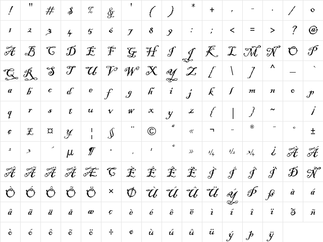 Blackadder ITC Std Regular  glyph index