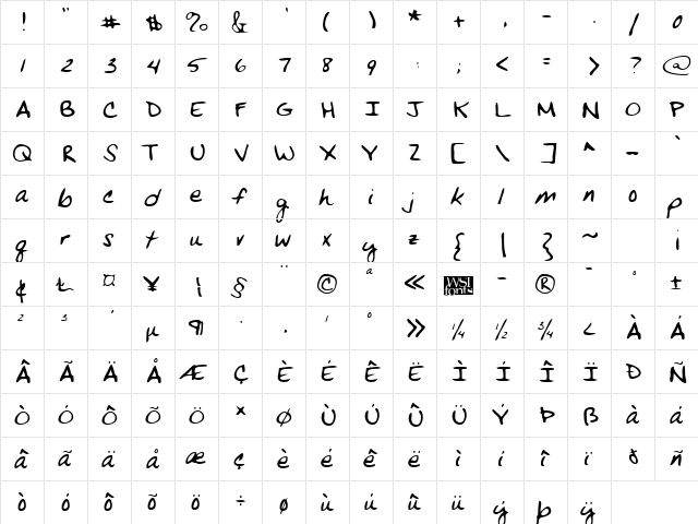 VansHand Regular  glyph index