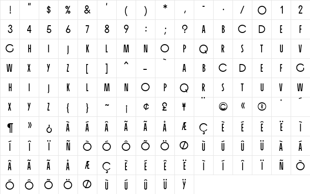 Organda MN Bold  glyph index