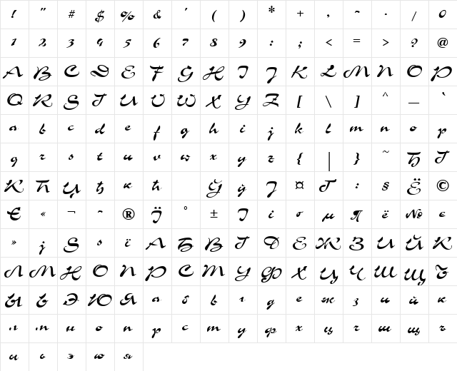 CorridaCTT Regular  glyph index