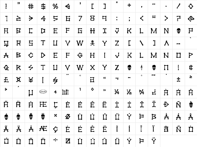 xBONES Rough Regular  glyph index
