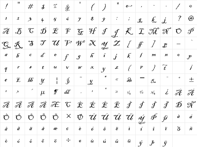 Blackadder ITC TT Regular  glyph index