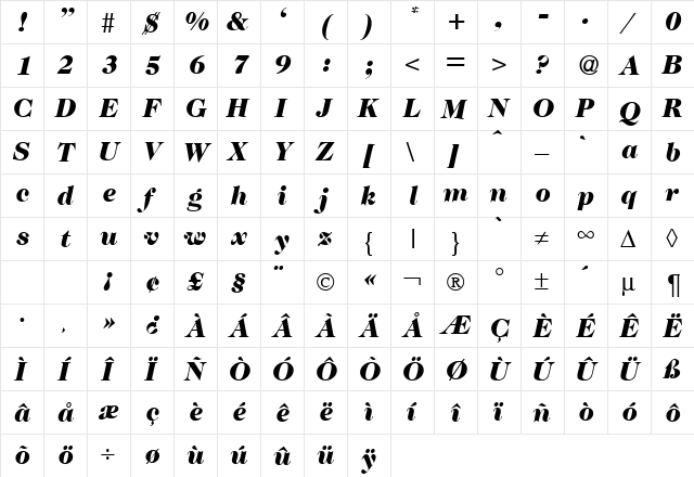 Caslon335Black RegularItalic  glyph index