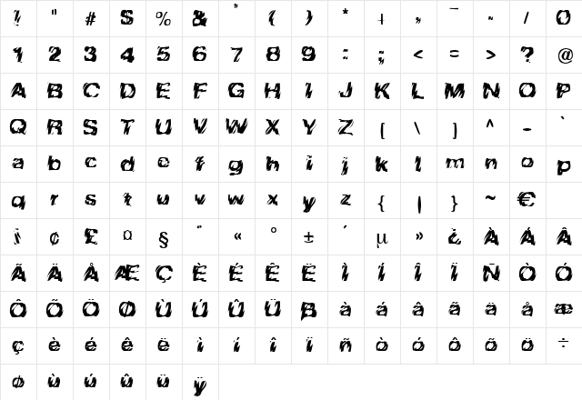 Barrage Regular  glyph index