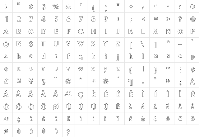 Peignot-Demi-Bold Hollow Regular  glyph index